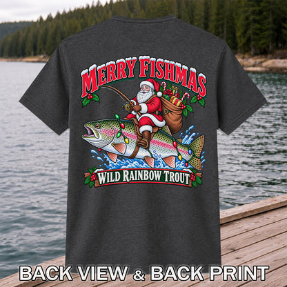 Merry Fishmas Santa Riding a Wild Rainbow Trout Christmas Fishing T-Shirt | Back Print