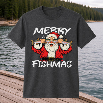 Merry Fishmas Santa Holding Rainbow Trout Christmas Fishing T-Shirt
