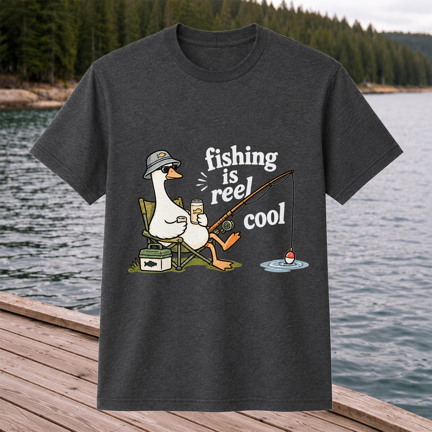 Fishing Is Reel Cool Funny Fishing Goose Graphic T-Shirt