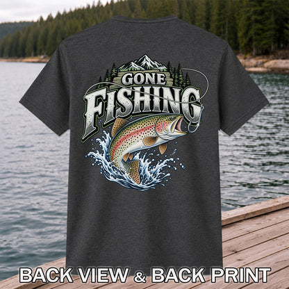 Gone Fishing Rainbow Trout and Mountains Graphic T-Shirt | Back Print