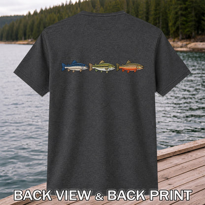Trout and Bass Trio Minimalist Fishing Graphic T-Shirt | Back Print