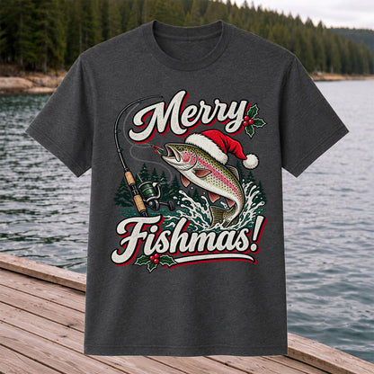 Merry Fishmas Rainbow Trout in Santa Hat Christmas Fishing T-Shirt, Trout Fishing