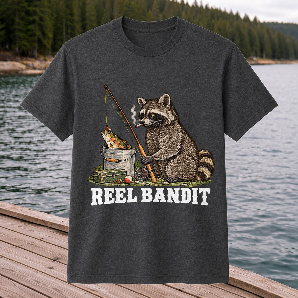 Reel Bandit Smoking Raccoon with Fishing Rod Funny T-Shirt