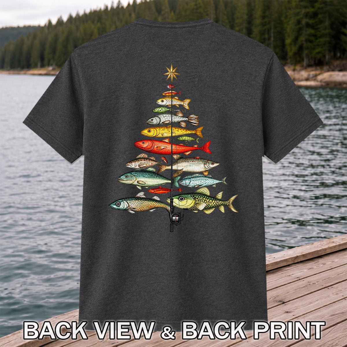 Vintage Fish Collection Fishing Rod Graphic T-Shirt | Back Print