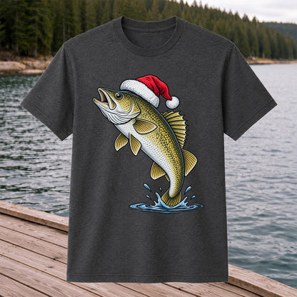 Santa Hat Walleye Christmas Fishing Graphic T-Shirt