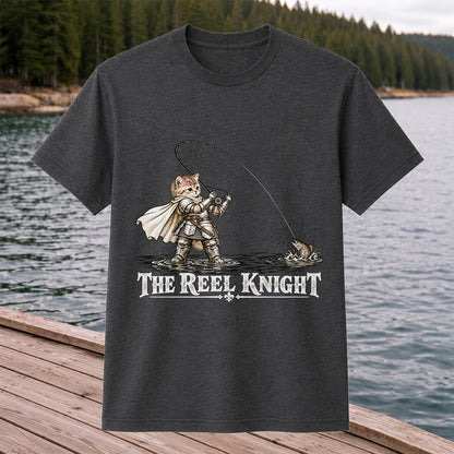 The Reel Knight Cat in Armor Funny Fishing Graphic T-Shirt