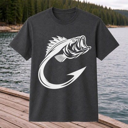 Bass Fish Hook Silhouette Fishing Graphic T-Shirt