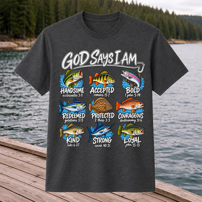 God Says I Am Christian Fish and Bible Verse Fishing Graphic T-Shirt