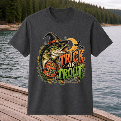 Trick or Trout Bass in Witch Hat with Tackle Treats Halloween Fishing T-Shirt