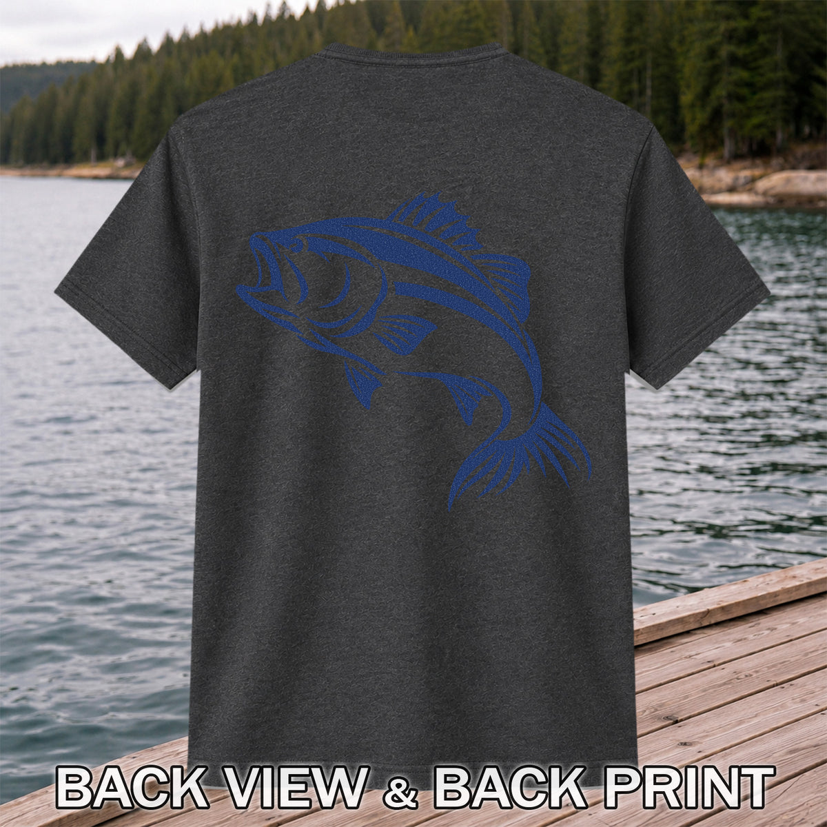 Blue Bass Fishing Line Art Graphic T-Shirt | Back Print
