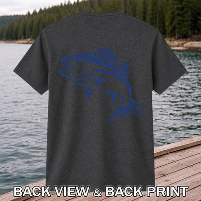 Blue Bass Fishing Line Art Graphic T-Shirt | Back Print