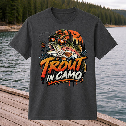 Trout in Camo Halloween Rainbow Trout Fishing Graphic T-Shirt