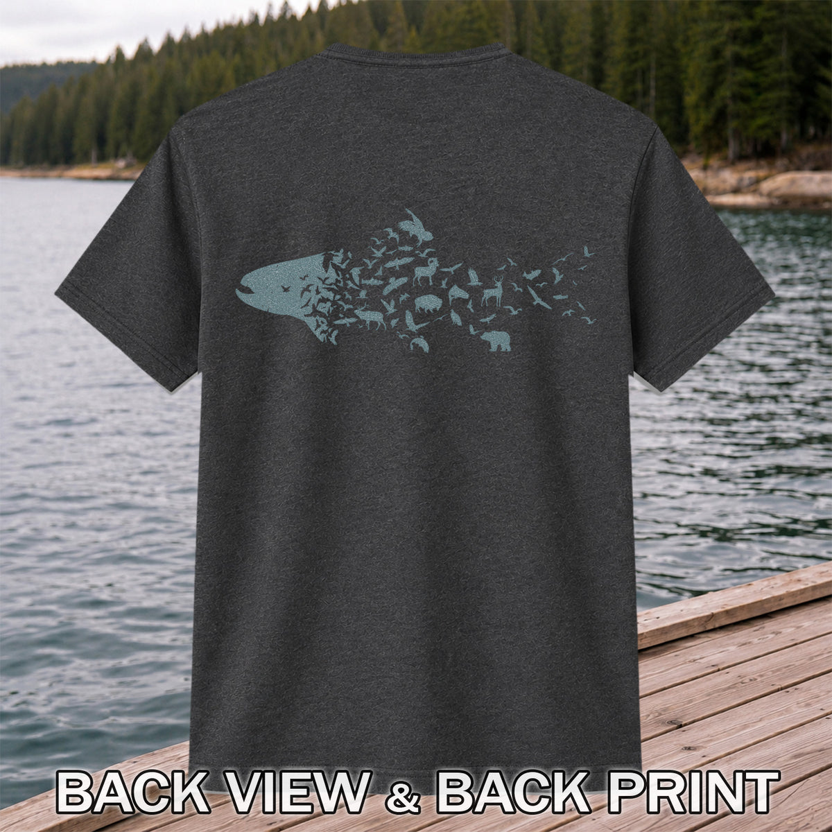 Wildlife Fish Silhouette Fishing Graphic T-Shirt | Back Print