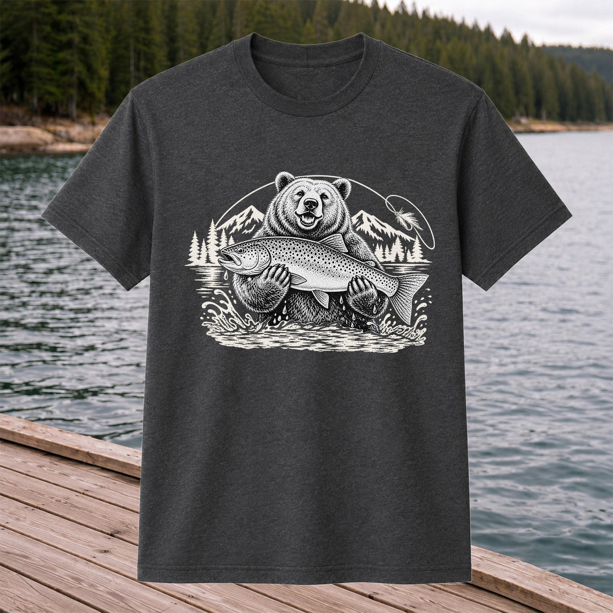 Bear Holding Trout in Mountain Lake Fishing Graphic T-Shirt