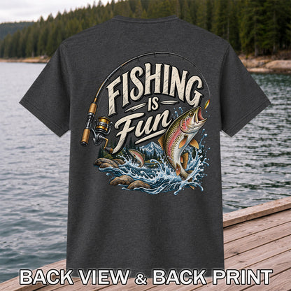 Fishing Is Fun Rainbow Trout and Mountain Graphic T-Shirt | Back Print