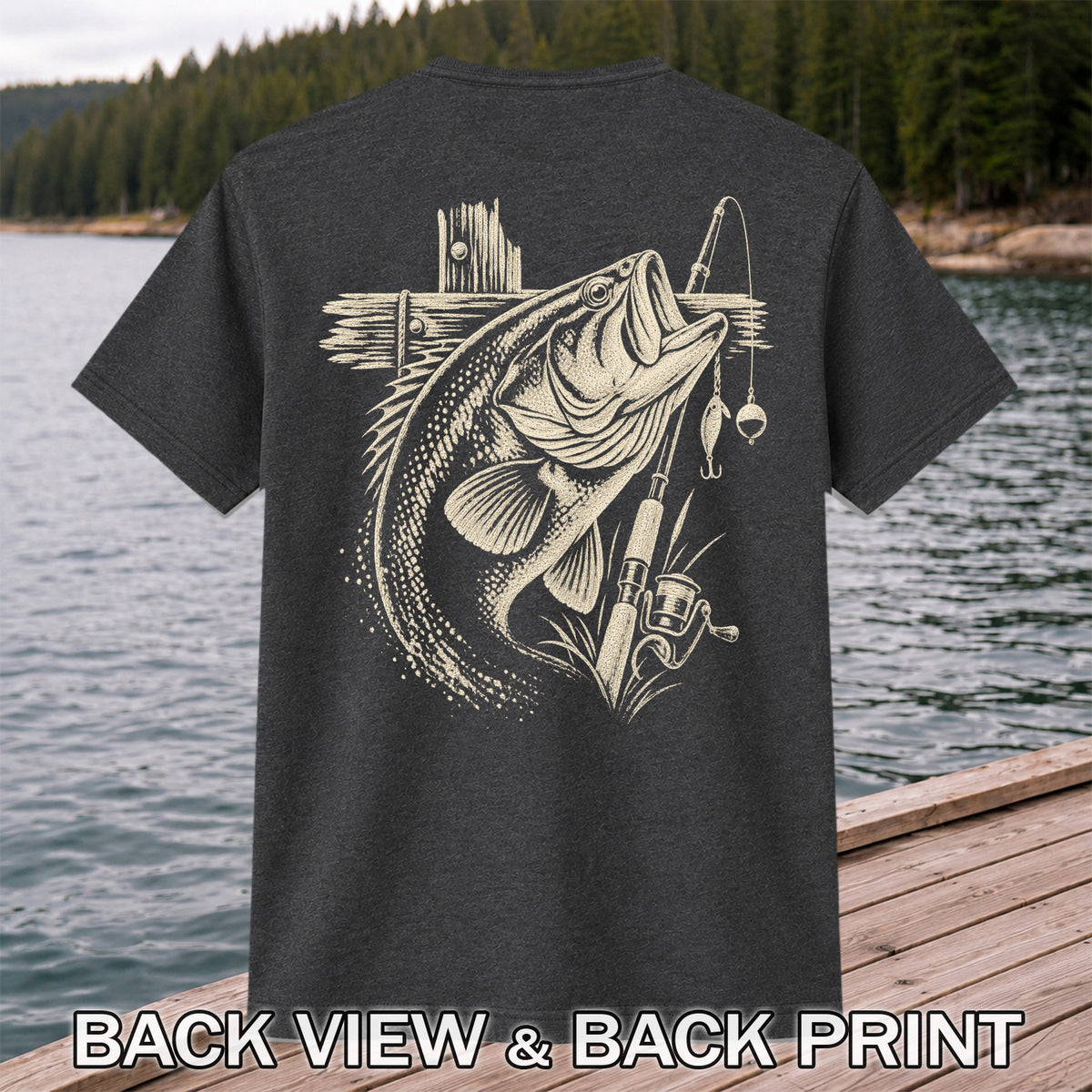 Largemouth Bass Fishing Rod Vintage Graphic T-Shirt | Back Print