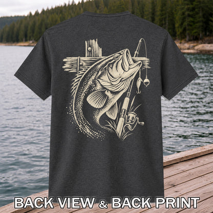 Largemouth Bass Fishing Rod Vintage Graphic T-Shirt | Back Print