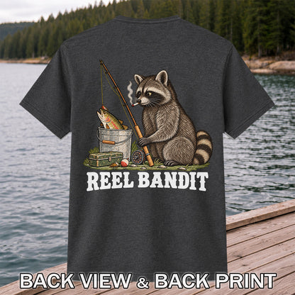 Reel Bandit Smoking Raccoon with Fishing Rod Funny T-Shirt | Back Print