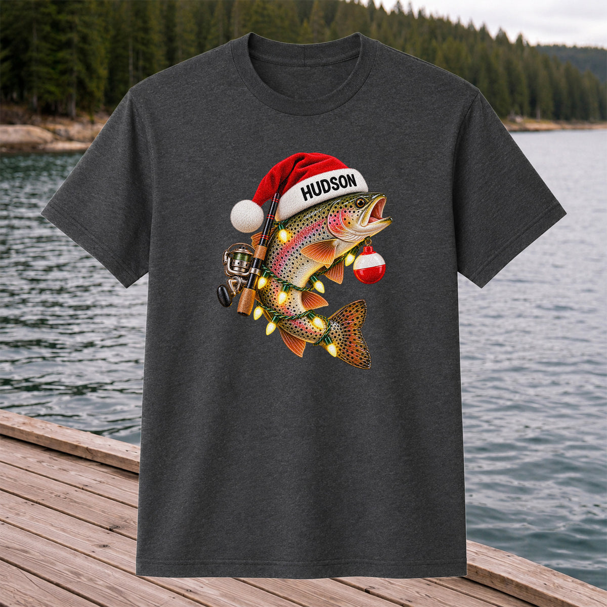Hudson Santa Hat Rainbow Trout Christmas Fishing T-Shirt