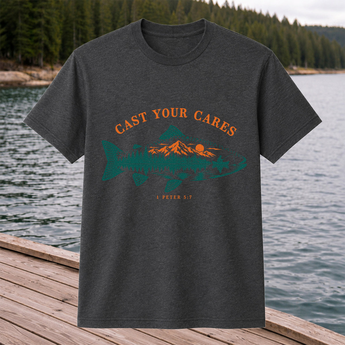 Cast Your Cares 1 Peter 5:7 Fish Silhouette Mountain Lake Fishing T-Shirt