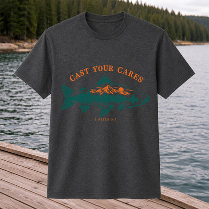 Cast Your Cares 1 Peter 5:7 Fish Silhouette Mountain Lake Fishing T-Shirt