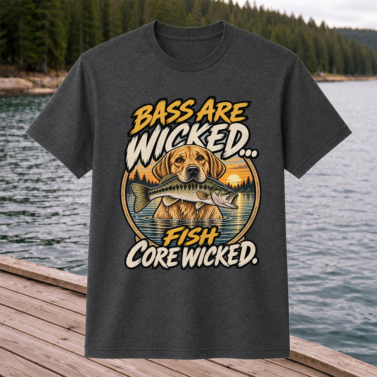 Bass Are Wicked Fish Core Wicked Dog Holding Bass Fishing T-Shirt