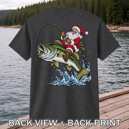 Santa Claus Riding a Bass Christmas Fishing Graphic T-Shirt | Back Print