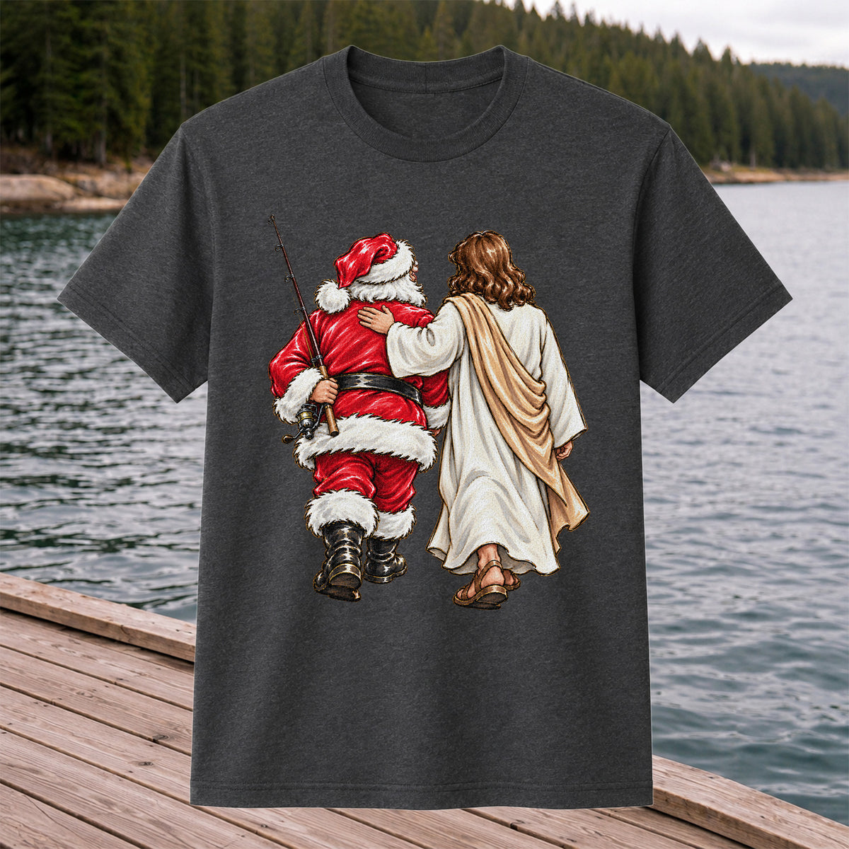 Santa and Robed Companion Fishing Graphic T-Shirt