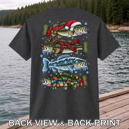 Christmas Bass with Santa Hat and Holiday Lights Fishing T-Shirt | Back Print