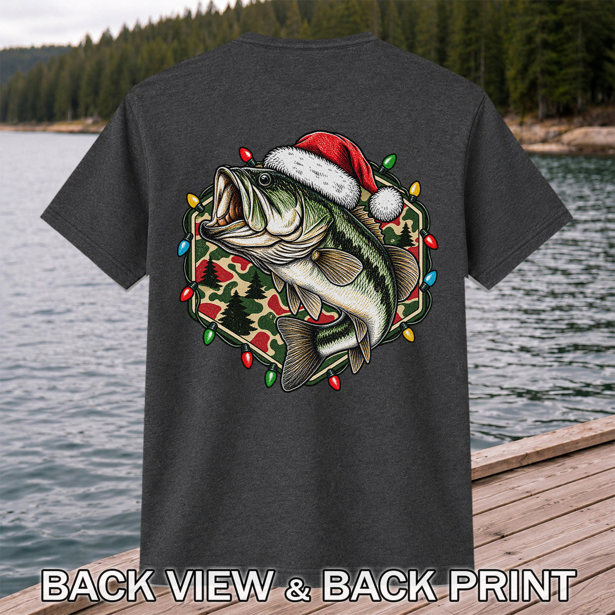 Santa Hat Largemouth Bass Christmas Fishing Graphic T-Shirt | Back Print
