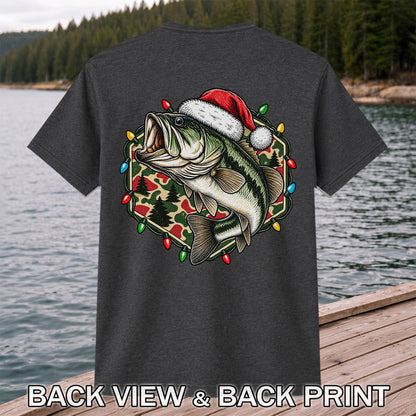 Santa Hat Largemouth Bass Christmas Fishing Graphic T-Shirt | Back Print