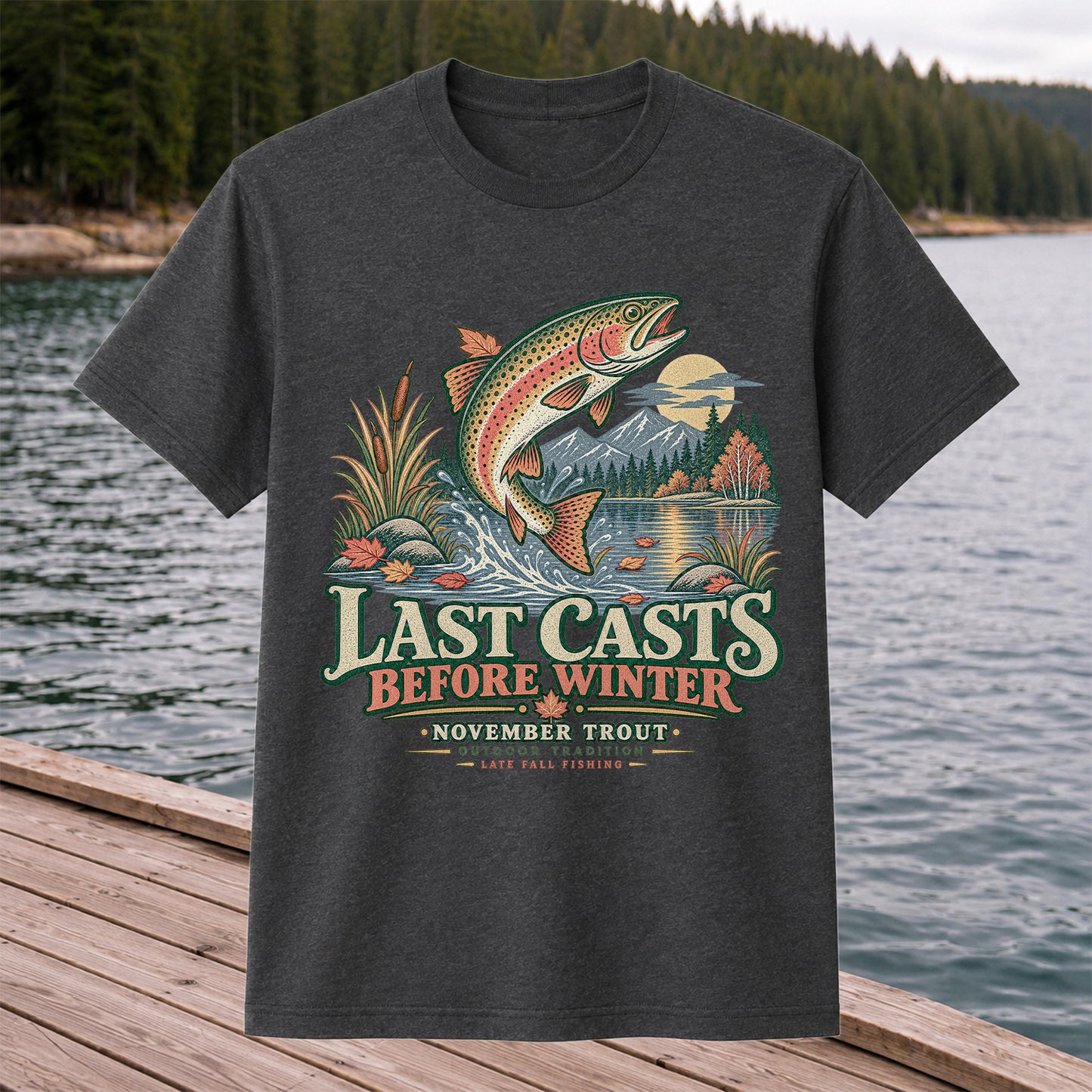 Last Casts Before Winter November Rainbow Trout Fishing Graphic T-Shirt
