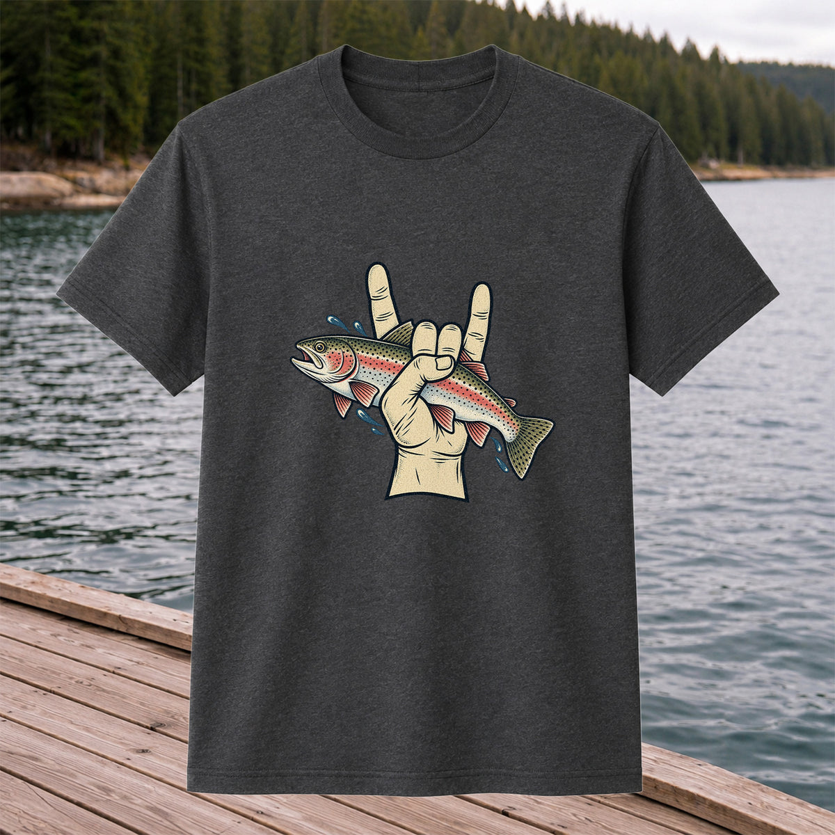 Rainbow Trout Rock On Hand Gesture Fishing Graphic T-Shirt