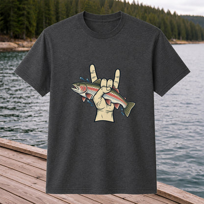 Rainbow Trout Rock On Hand Gesture Fishing Graphic T-Shirt
