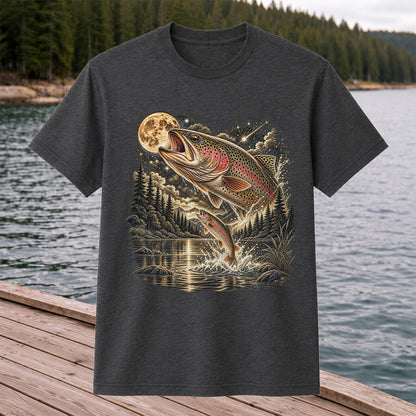Moonlit Rainbow Trout Jumping from Mountain Lake Graphic T-Shirt