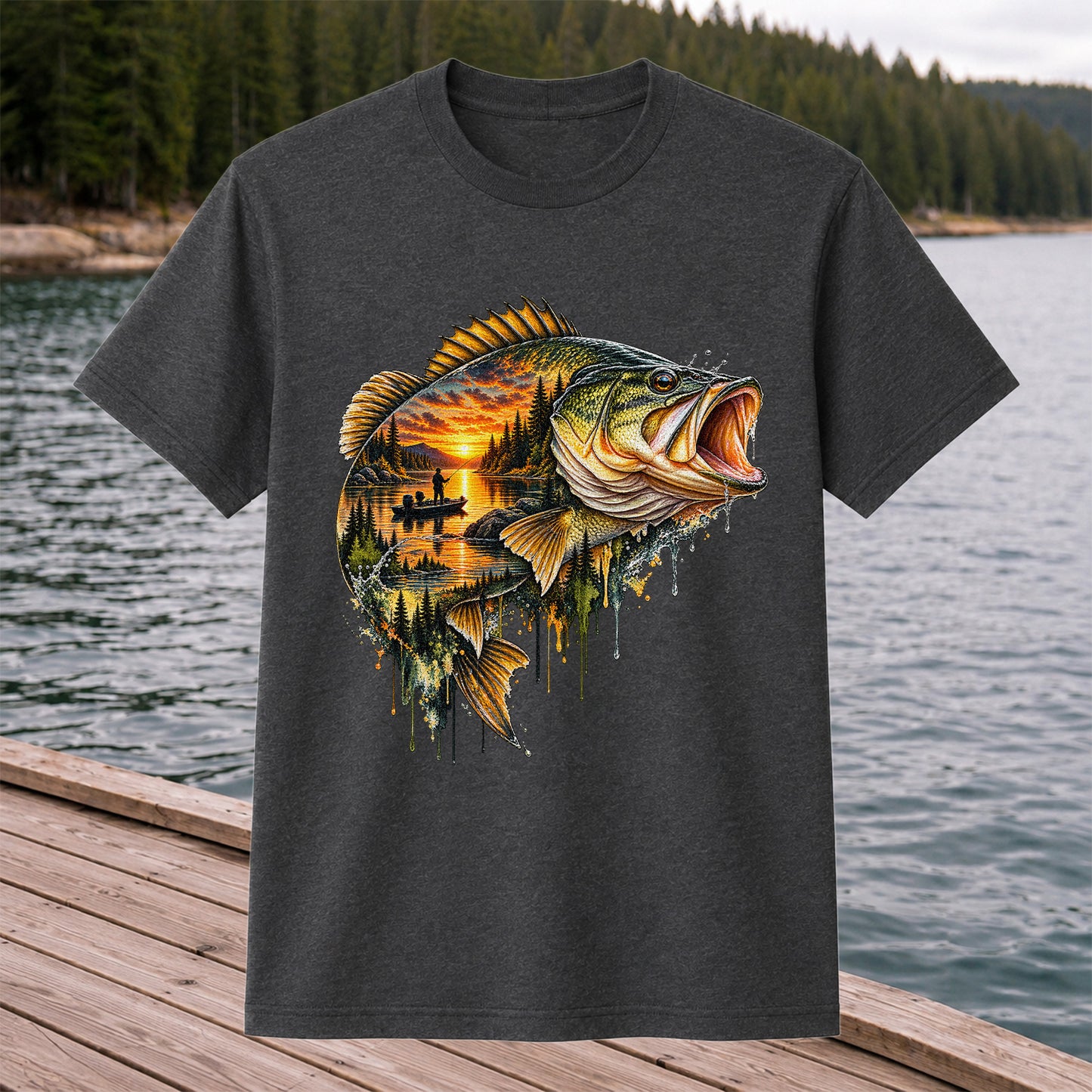 Largemouth Bass Sunset Lake Landscape Fishing Graphic T-Shirt