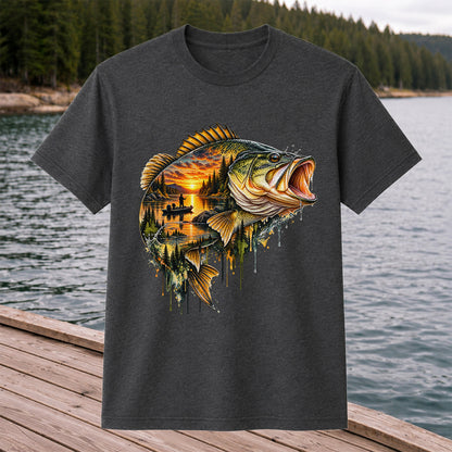 Largemouth Bass Sunset Lake Landscape Fishing Graphic T-Shirt