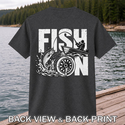 Fish On Jumping Trout and Fishing Boat Graphic T-Shirt | Back Print