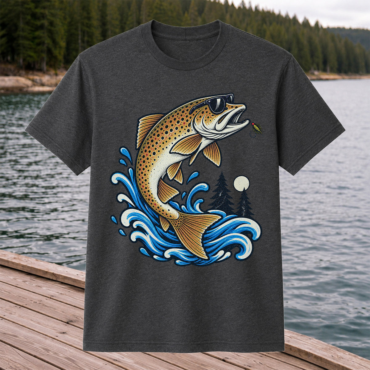 Brown Trout Sunglasses Fishing Graphic T-Shirt with Lure