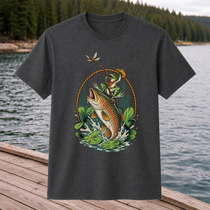 Frog Riding a Rainbow Trout Fishing Graphic T-Shirt