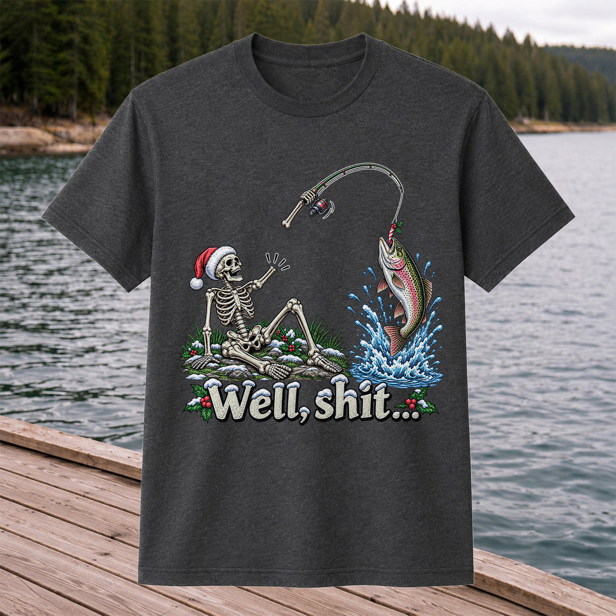 Well, Shit... Skeleton and Leaping Rainbow Trout Christmas Fishing T-Shirt