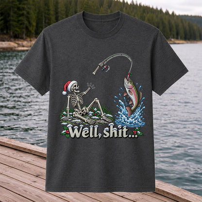 Well, Shit... Skeleton and Leaping Rainbow Trout Christmas Fishing T-Shirt