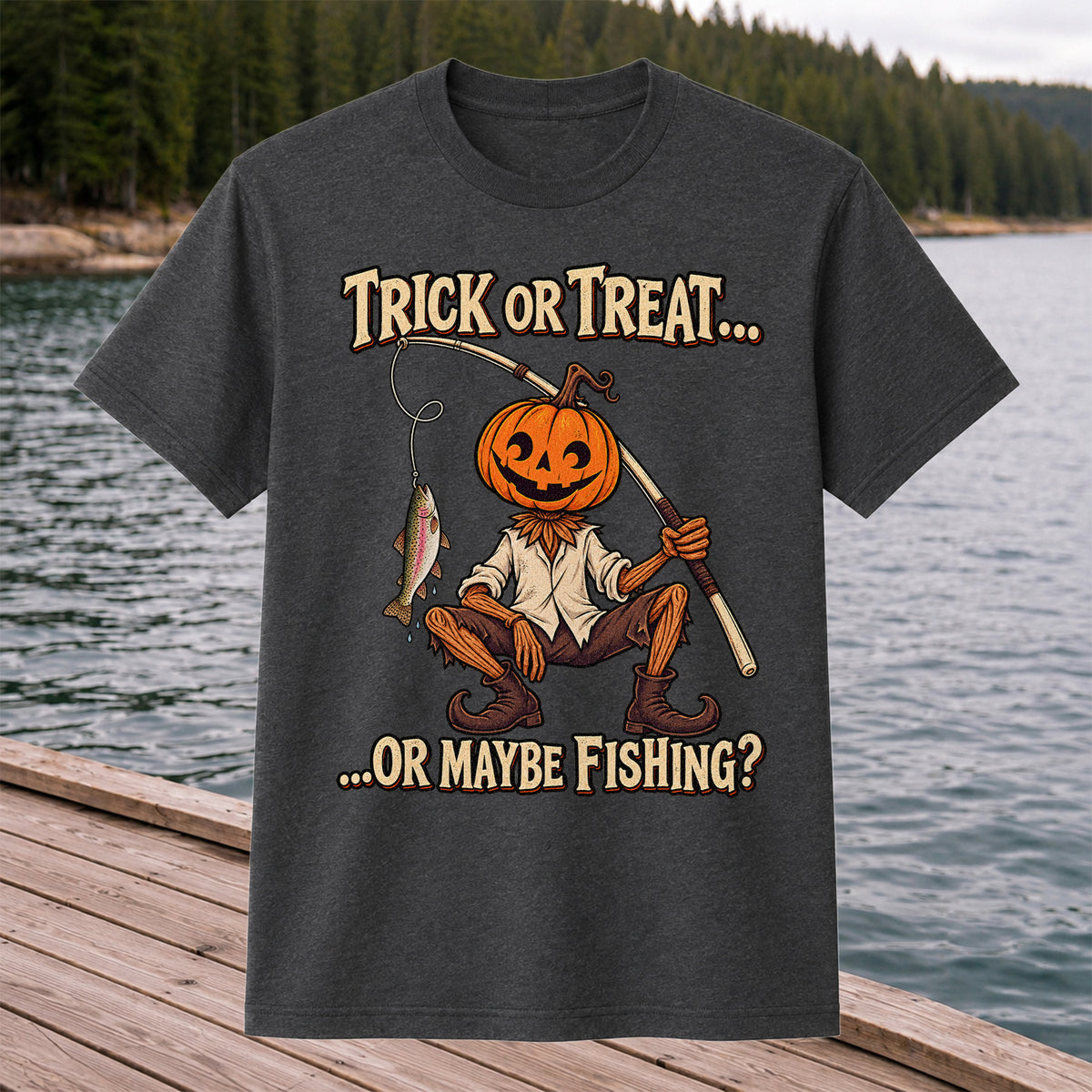 Trick or Treat Or Maybe Fishing Pumpkin Angler with Trout Halloween T-Shirt