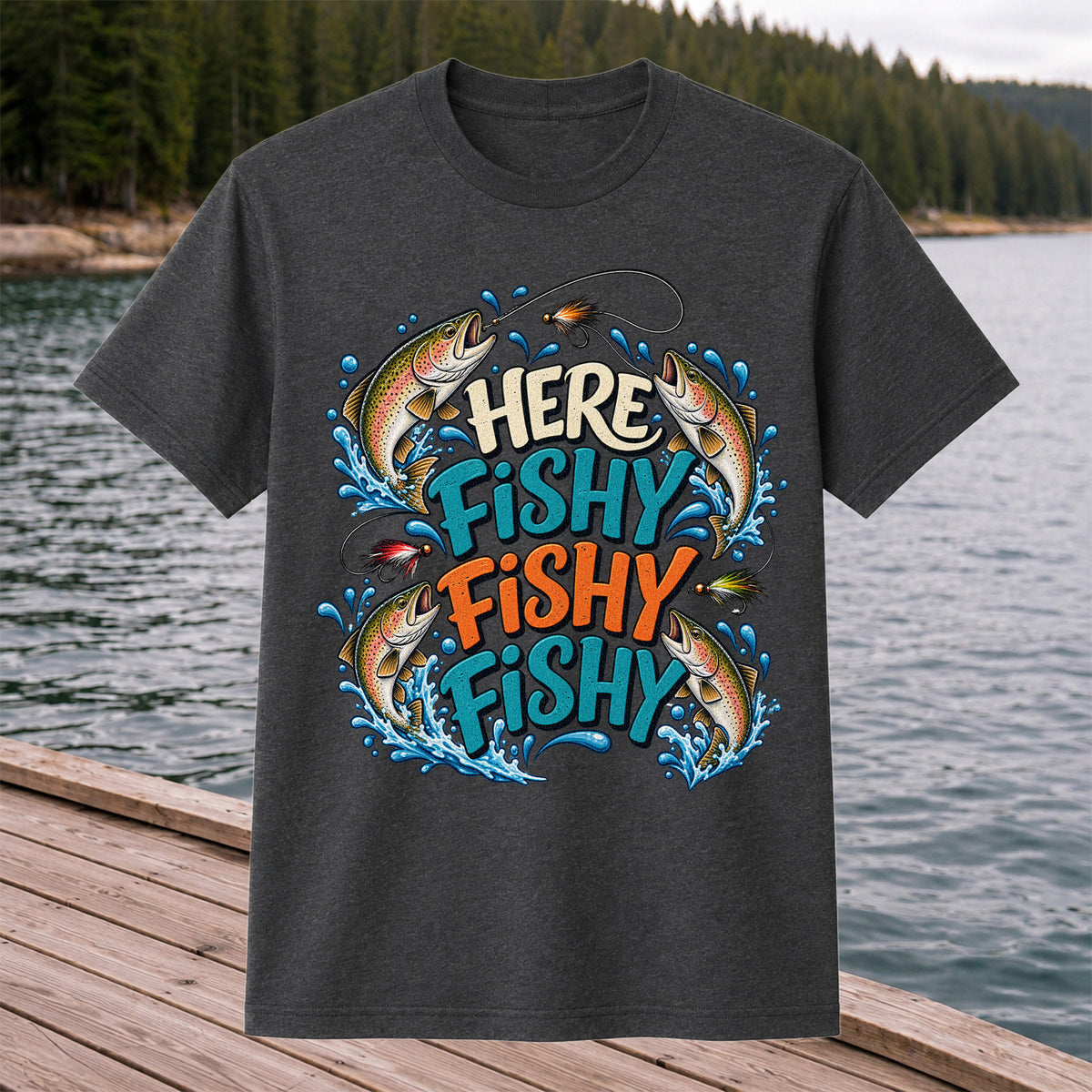 Here Fishy Fishy Fishy Rainbow Trout Funny Fly Fishing T-Shirt