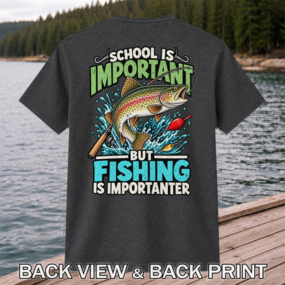 School Is Important But Fishing Is Importanter Rainbow Trout T-Shirt | Back Print