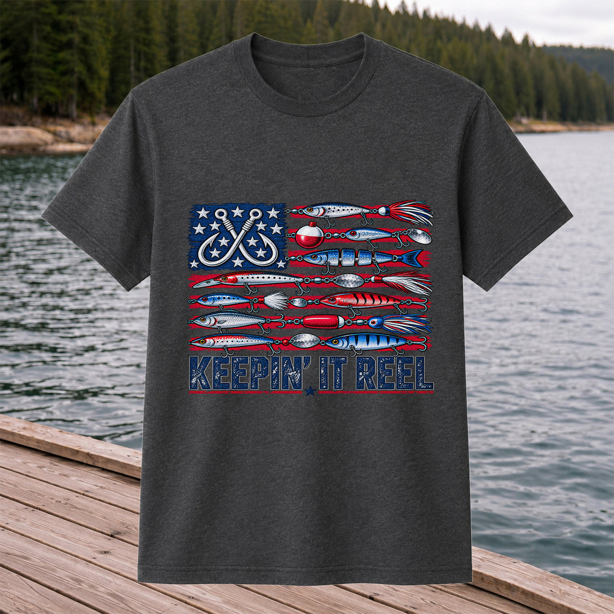 Keepin' It Reel American Flag Fishing Lures Graphic T-Shirt