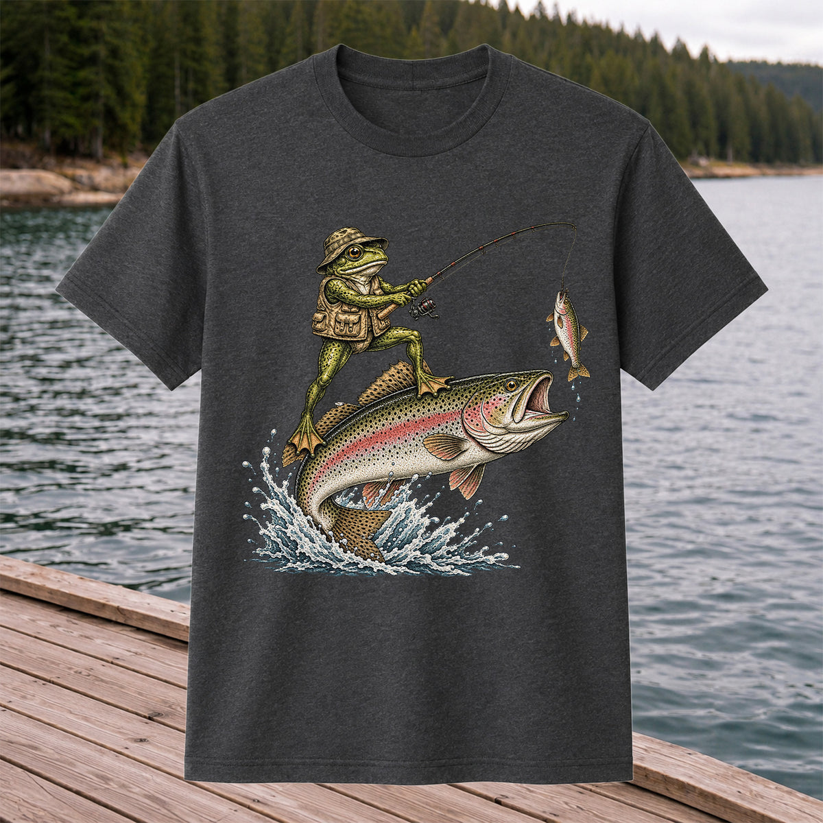 Frog Angler Riding a Rainbow Trout Fishing Graphic T-Shirt