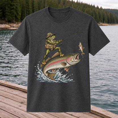 Frog Angler Riding a Rainbow Trout Fishing Graphic T-Shirt