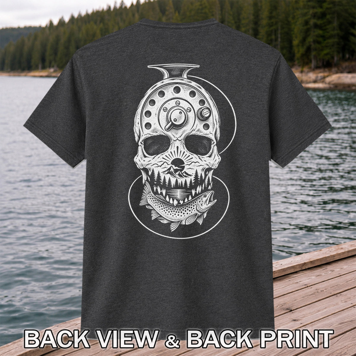 Trout and Fly Fishing Reel Skull Mountain Graphic T-Shirt | Back Print