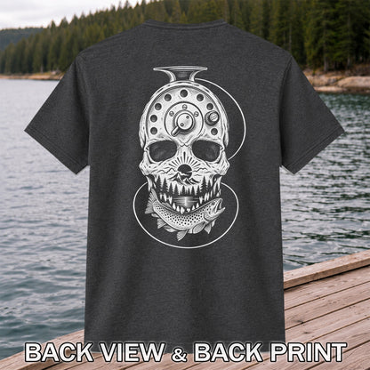 Trout and Fly Fishing Reel Skull Mountain Graphic T-Shirt | Back Print